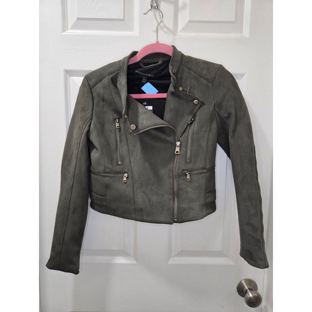 Banana Republic Vegan Suede Quilted Biker Jacket, Sz Xs Petite Dark Olive Green